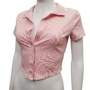 Ardene Trippy Pink Pattern Cropped Button Down Shirt - M